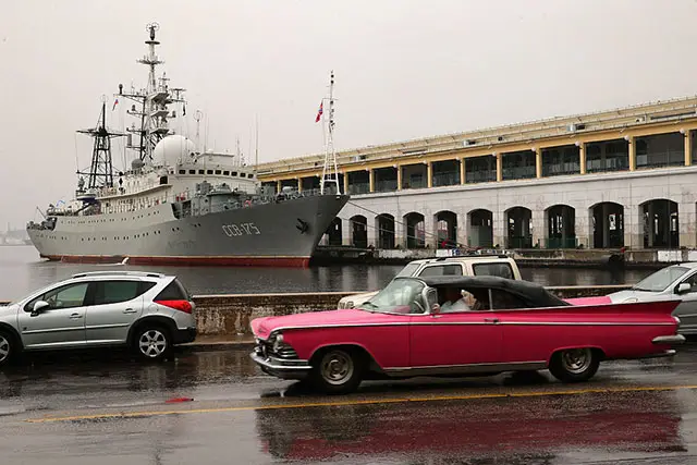 The caption from Getty Images: The Viktor Leonov "docked to a pier in Old Havana January 20, 2015 in Havana, Cuba. The ship sailed into the Havana harbor early Tuesday morning on the eve of the start of historic talks between the United States and Cuba aimed at normalizing diplomatic relations."